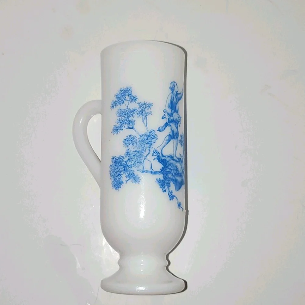 VINTAGE AVON Irish Coffee Mug White Milkglass With Blue Victorian Design 5.5